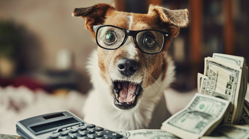 A cute dog in glasses, with its mouth wide open in surprise, looks at a calculator with a large stack of bills floating in the air. ai generated.